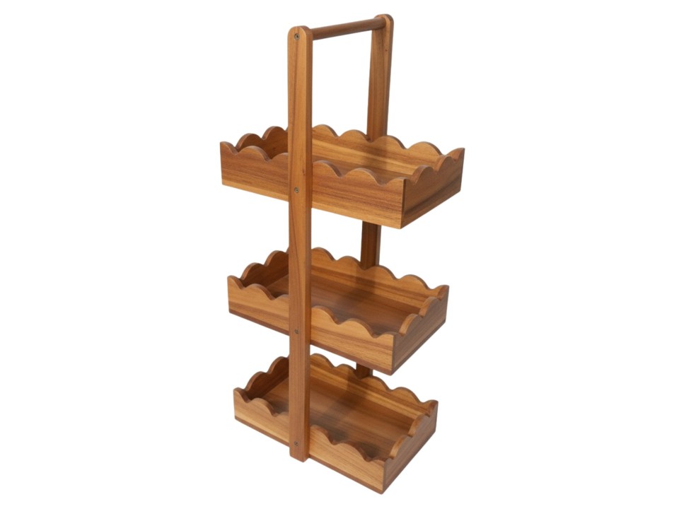Acacia Wood Scallop 3-Tier Caddy with Handle - Versatile Storage & Display